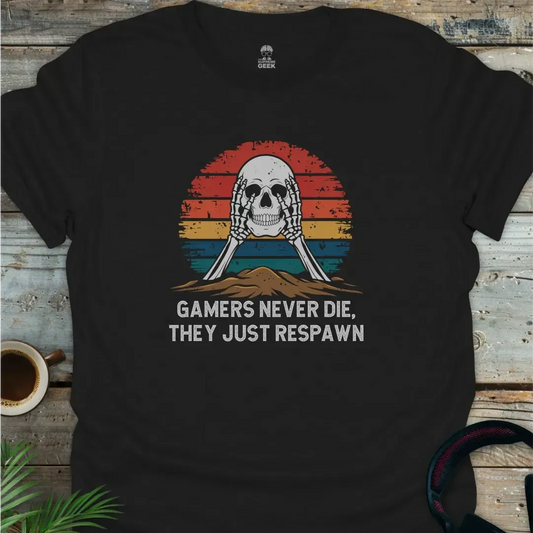 Gamers Never Die, They Just Respawn - Skull - Geek T-Shirt - Dark Chocolate