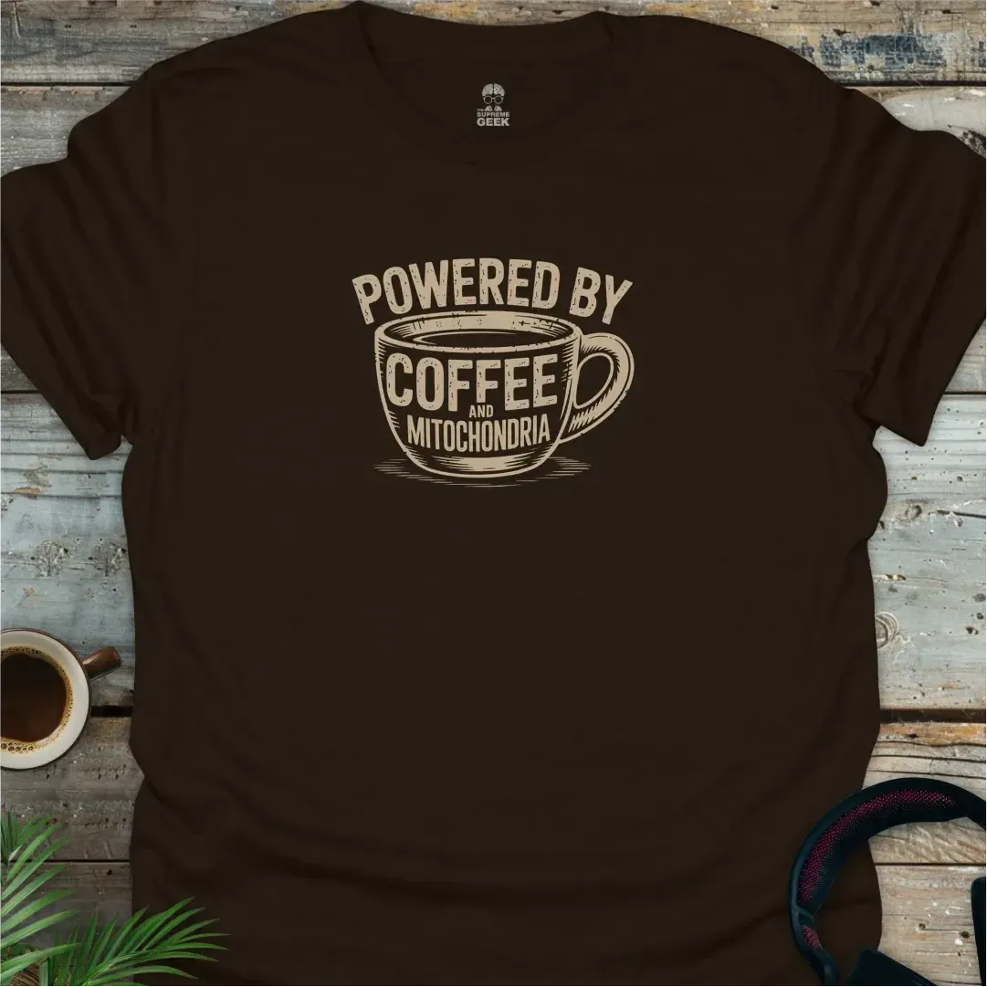 Powered By Coffee And Mitochondria - Geek T-Shirt - Dark Chocolate