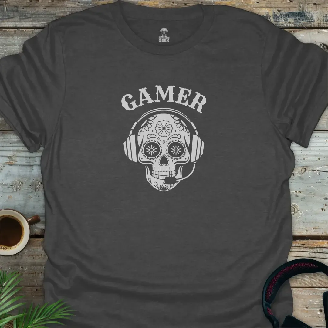 Gamer - Sugar Skull - Geek T-Shirt - Dark Heather