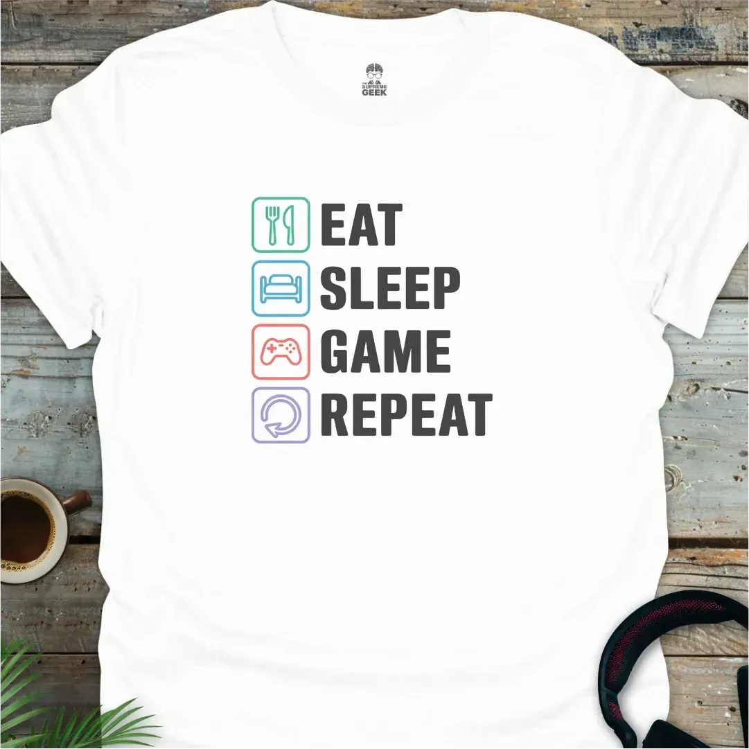 Eat. Sleep. Game. Repeat. - Geek T-Shirt - White