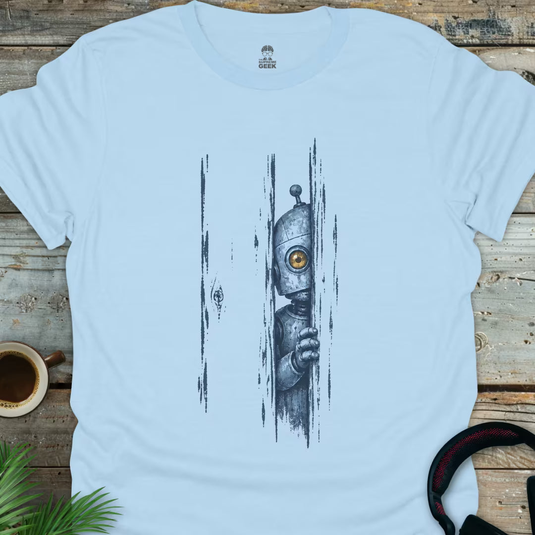 Peeking Robot - Geek T-Shirt - Light Blue
