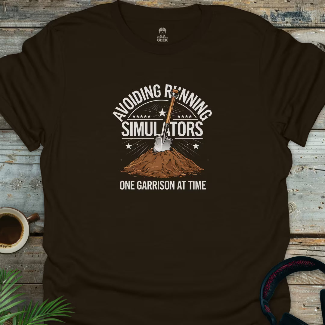 Avoiding Running Simulators - Geek T-Shirt - Dark Chocolate