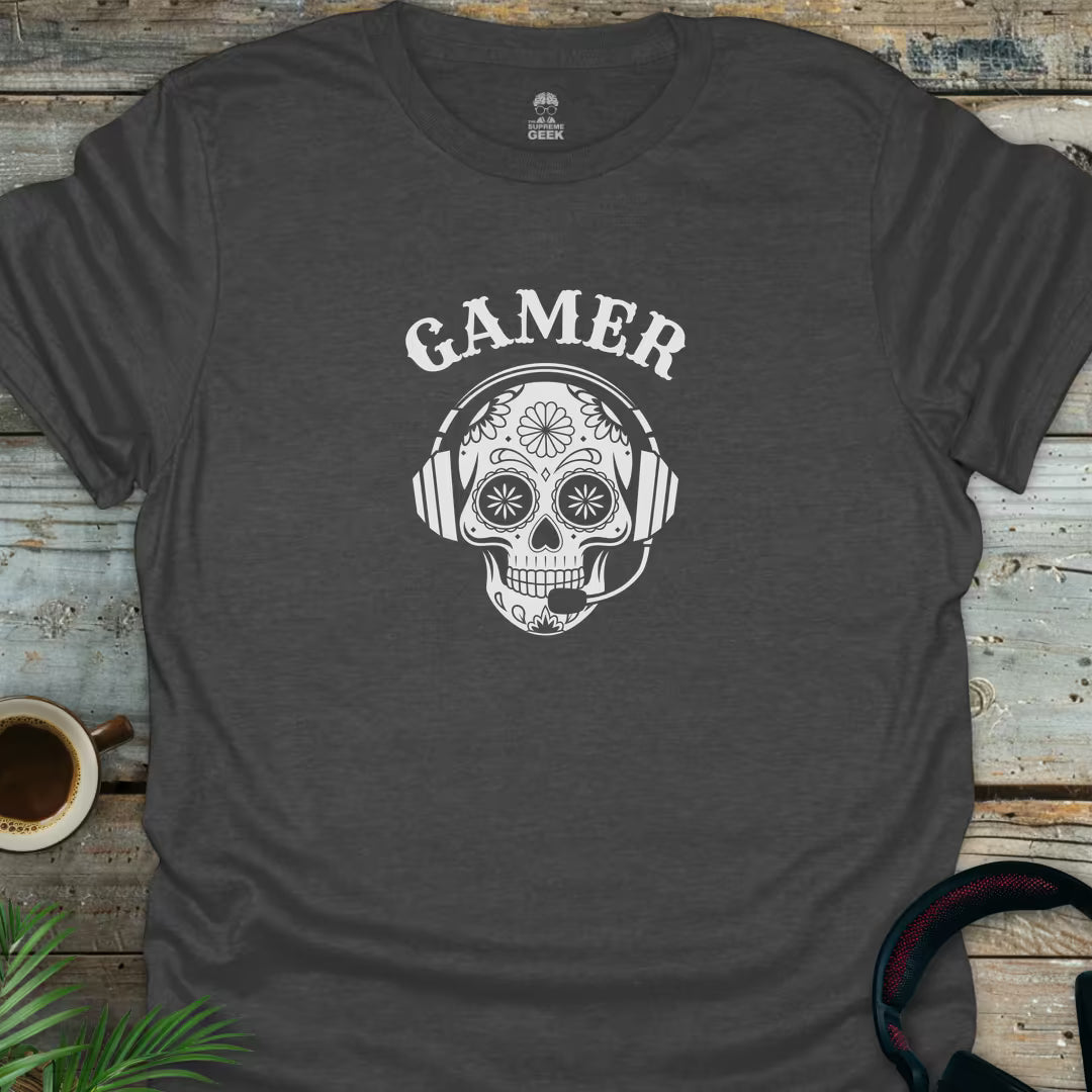 Gamer - Sugar Skull - Geek T-Shirt - Dark Heather