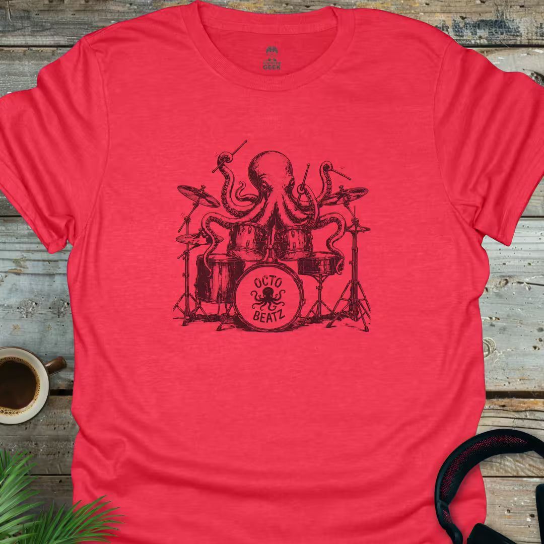 Octopus Drummer - Geek T-Shirt - Heather Red