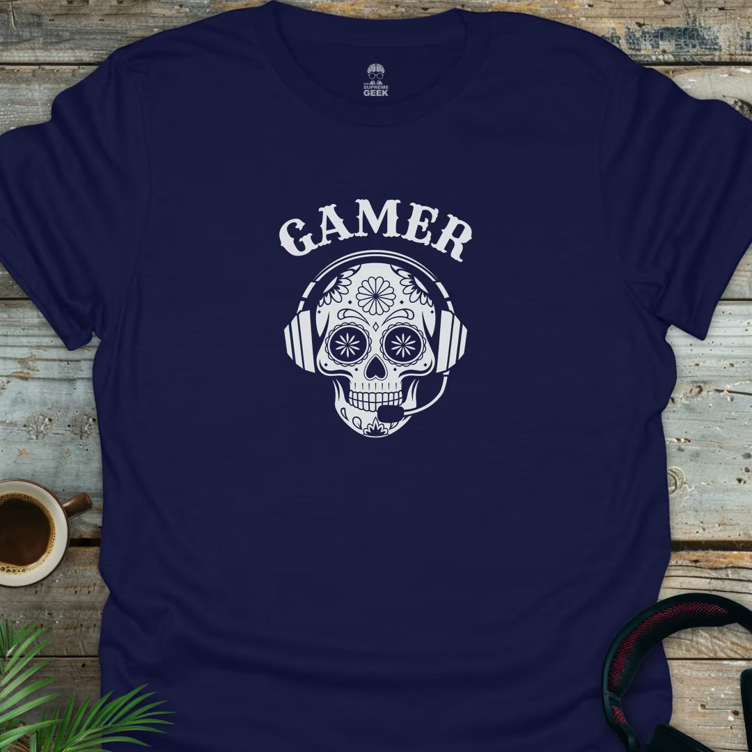 Gamer - Sugar Skull - Geek T-Shirt - Navy