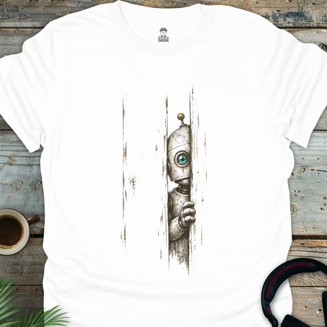 Peeking Robot - Geek T-Shirt - White