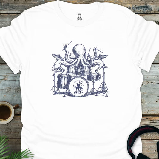 Octopus Drummer - Geek T-Shirt - White
